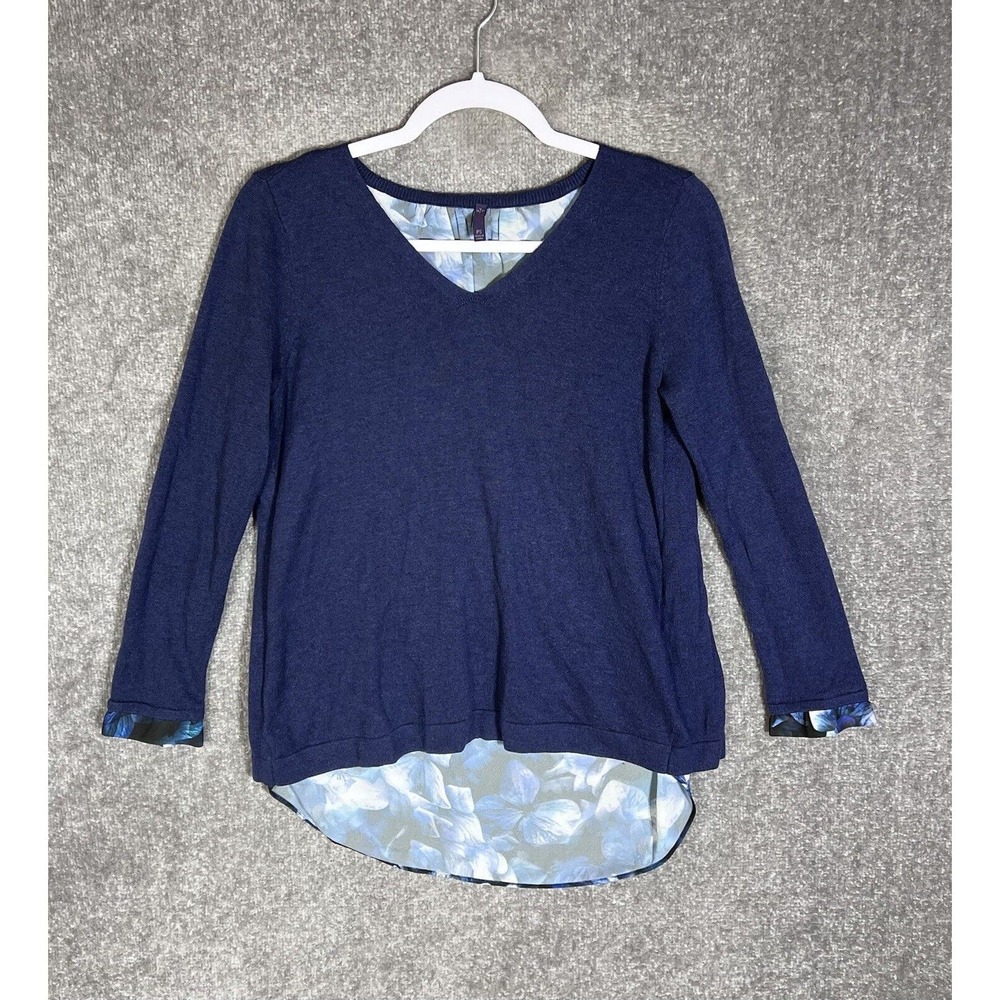 NYDJ Split Back Floral V-Neck Knit Sweater Top‎ Womens Size Petite Small PS Blue
